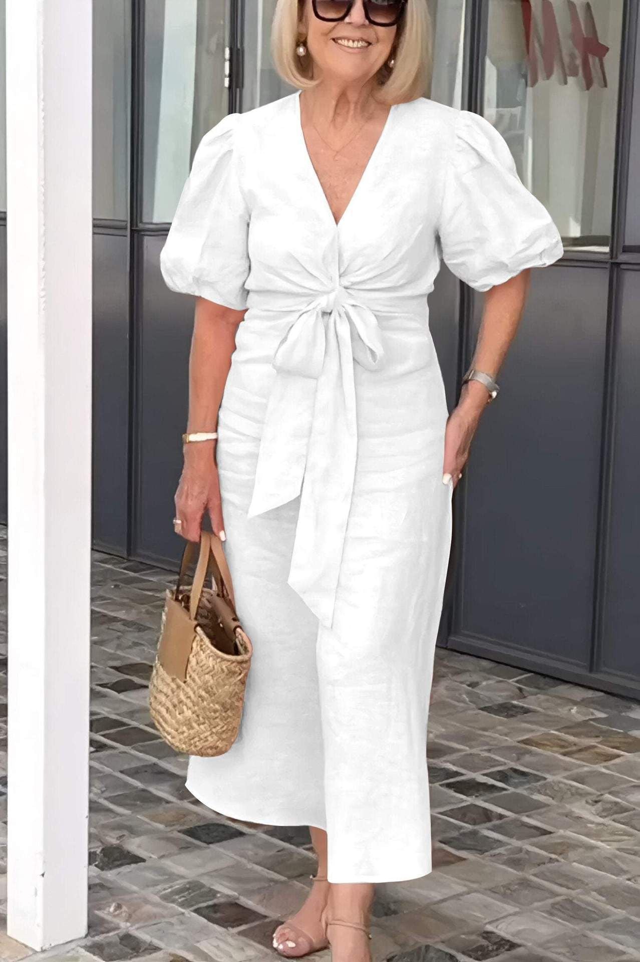V-Neck With Puff Sleeve Cotton Dress