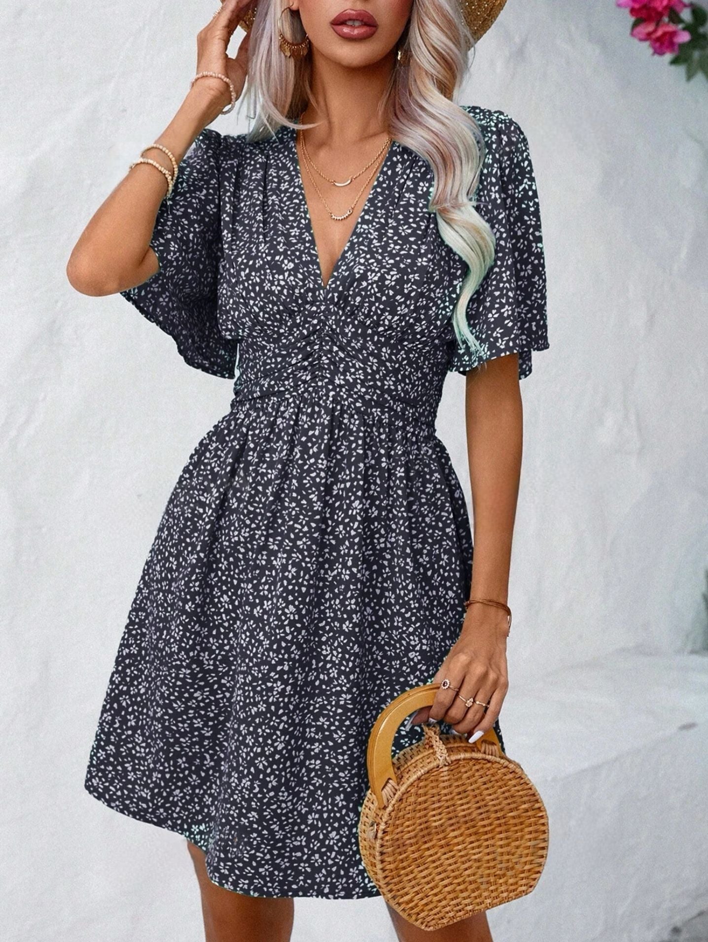 Deep V-Neck Summer New Ruffled Sleeve With Small Floral Resort Style Dress