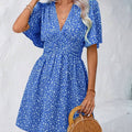 Deep V-Neck Summer New Ruffled Sleeve With Small Floral Resort Style Dress