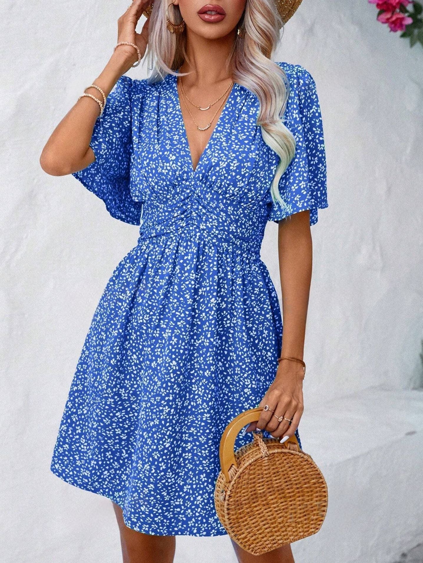 Deep V-Neck Summer New Ruffled Sleeve With Small Floral Resort Style Dress