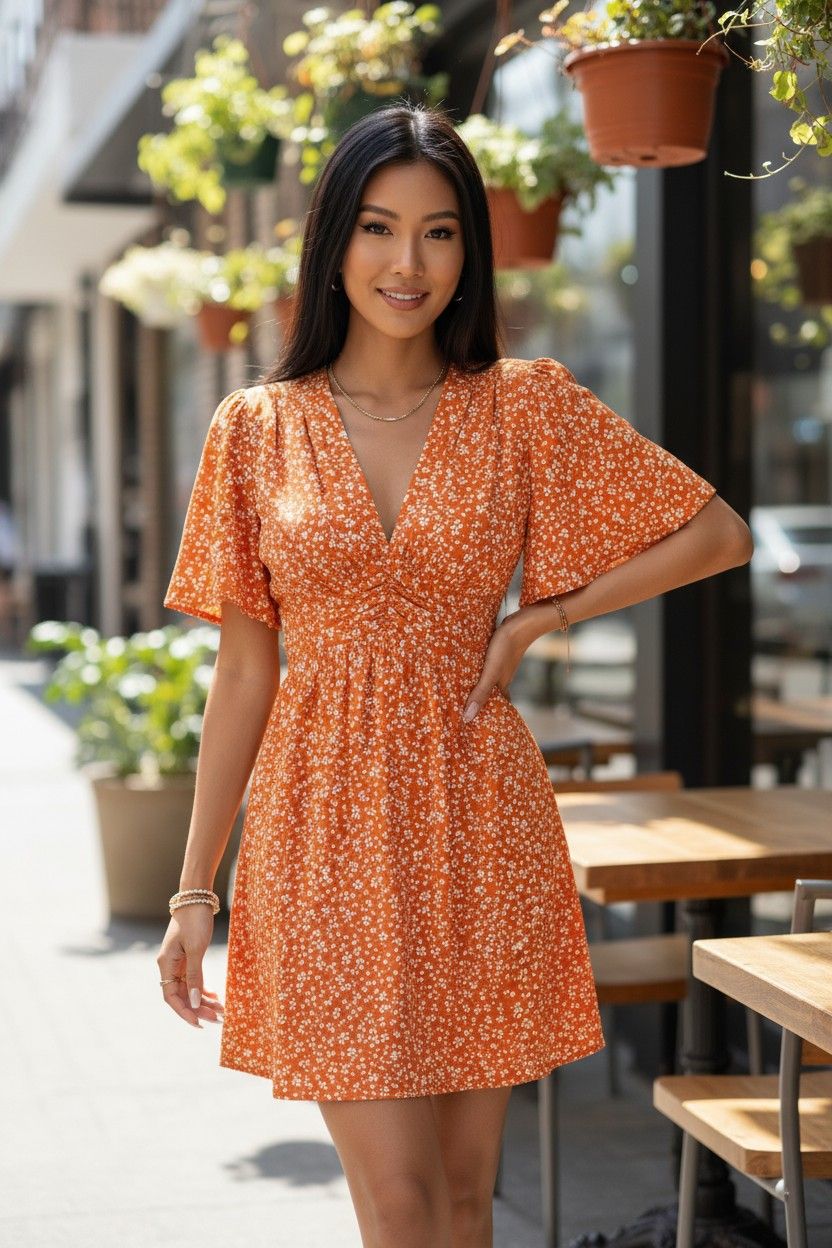 Deep V-Neck Summer New Ruffled Sleeve With Small Floral Resort Style Dress