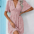 Deep V-Neck Summer New Ruffled Sleeve With Small Floral Resort Style Dress