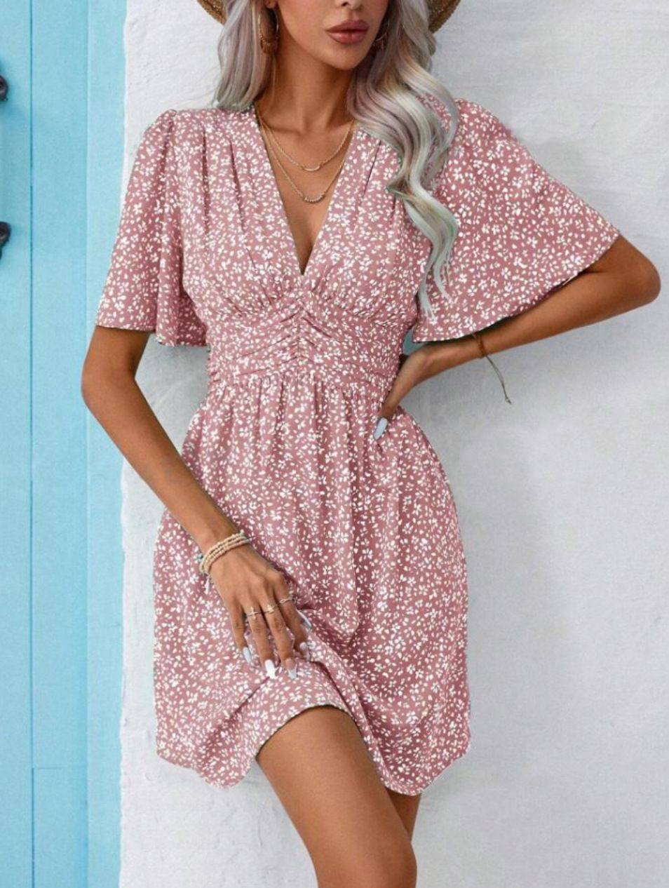 Deep V-Neck Summer New Ruffled Sleeve With Small Floral Resort Style Dress