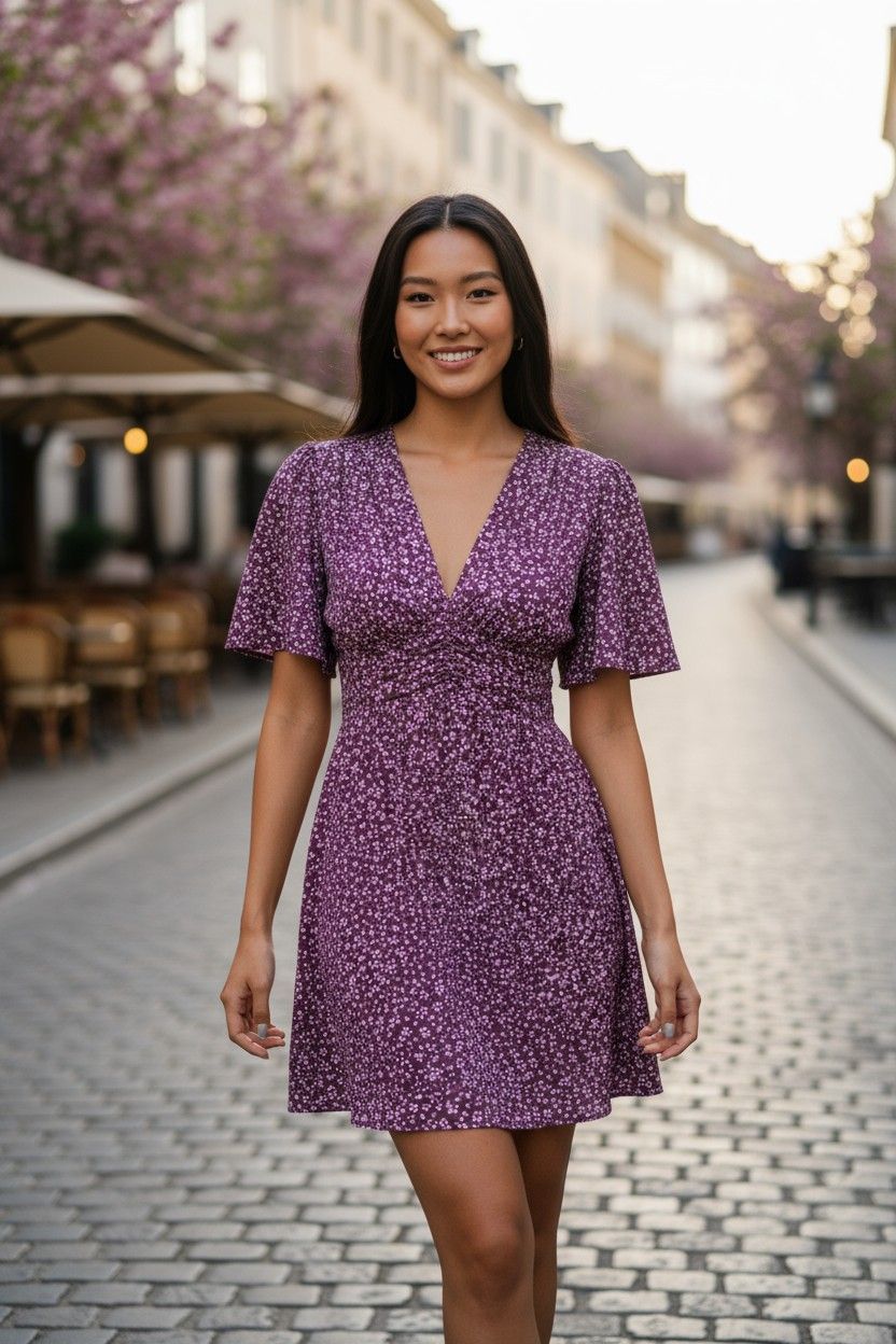 Deep V-Neck Summer New Ruffled Sleeve With Small Floral Resort Style Dress