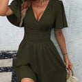 Summer'S New Deep V-Neck Ruffled Sleeve Solid Color Tuck Dress