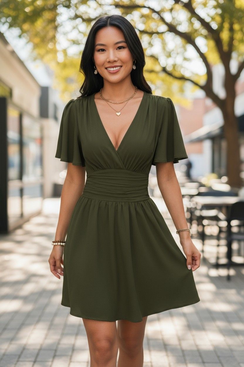 Summer'S New Deep V-Neck Ruffled Sleeve Solid Color Tuck Dress