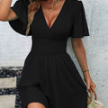 Summer'S New Deep V-Neck Ruffled Sleeve Solid Color Tuck Dress