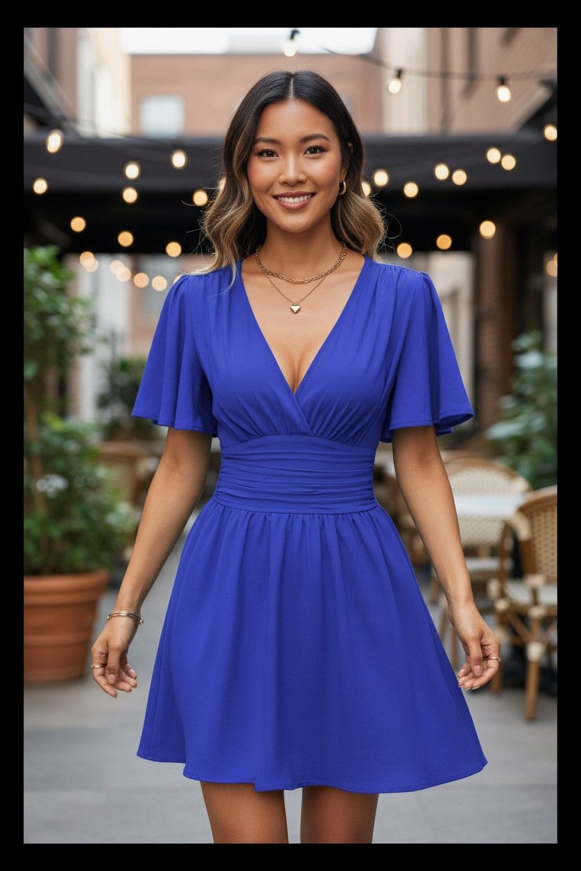 Summer'S New Deep V-Neck Ruffled Sleeve Solid Color Tuck Dress