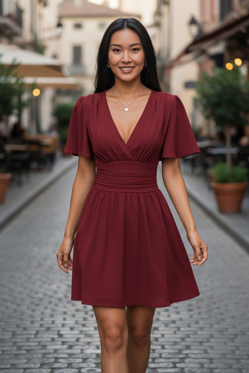 Summer'S New Deep V-Neck Ruffled Sleeve Solid Color Tuck Dress