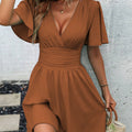 Summer'S New Deep V-Neck Ruffled Sleeve Solid Color Tuck Dress
