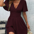 Summer'S New Deep V-Neck Ruffled Sleeve Solid Color Tuck Dress
