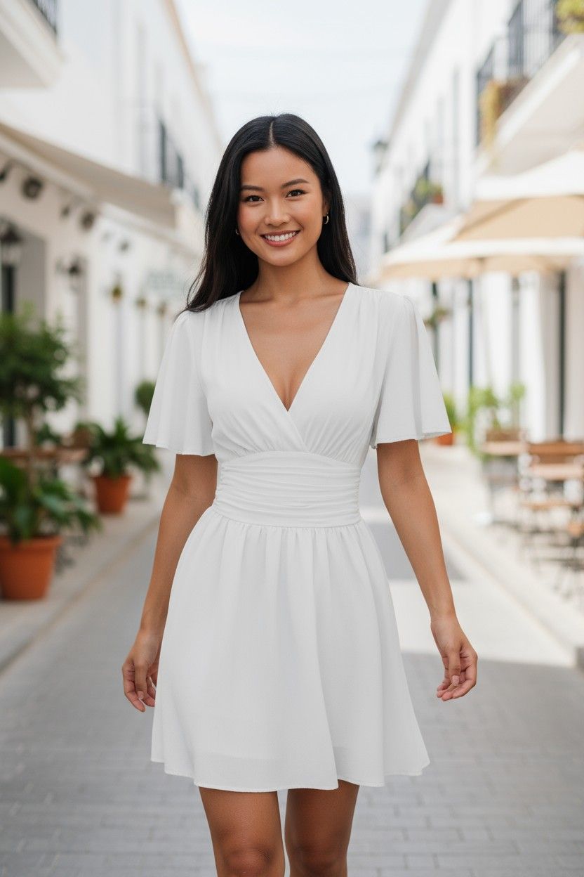 Summer'S New Deep V-Neck Ruffled Sleeve Solid Color Tuck Dress