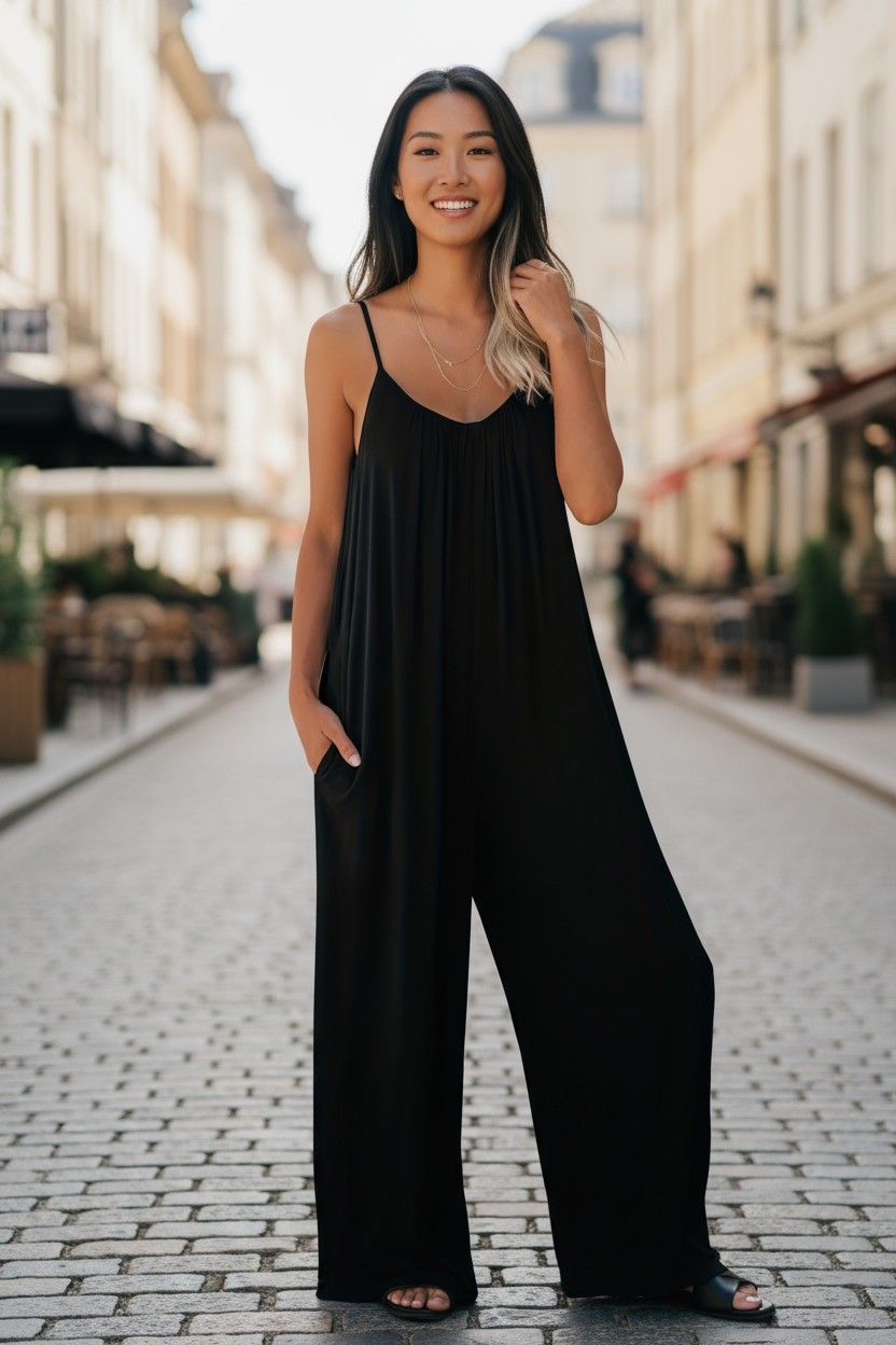 Hot Sale Casual Fashion Temperament Solid Color Suspender Jumpsuit For Women