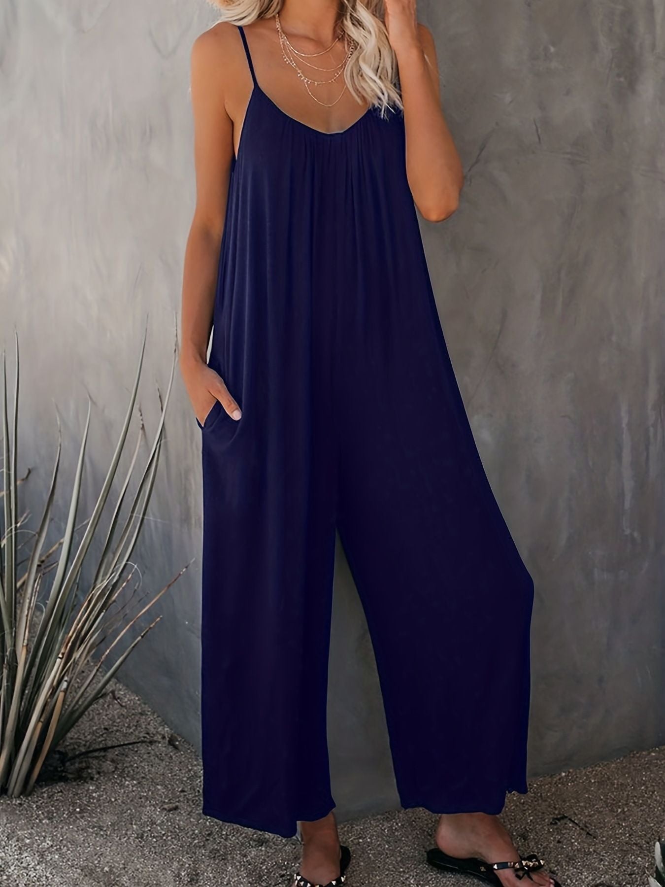 Hot Sale Casual Fashion Temperament Solid Color Suspender Jumpsuit For Women