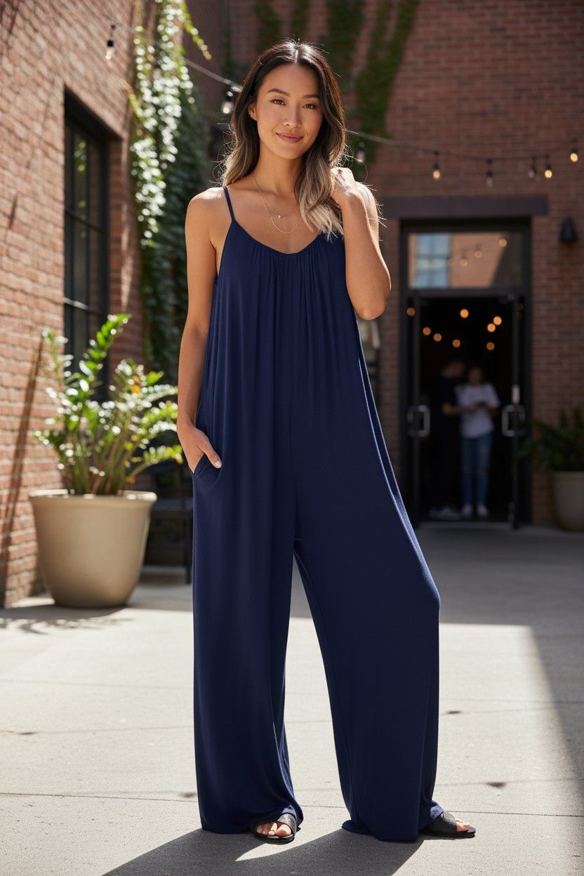 Hot Sale Casual Fashion Temperament Solid Color Suspender Jumpsuit For Women