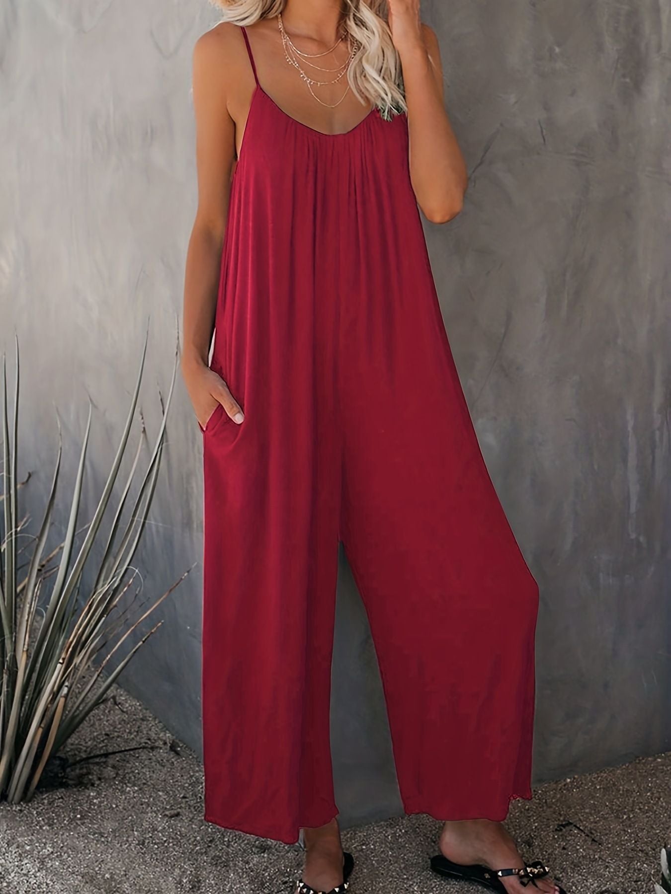 Hot Sale Casual Fashion Temperament Solid Color Suspender Jumpsuit For Women