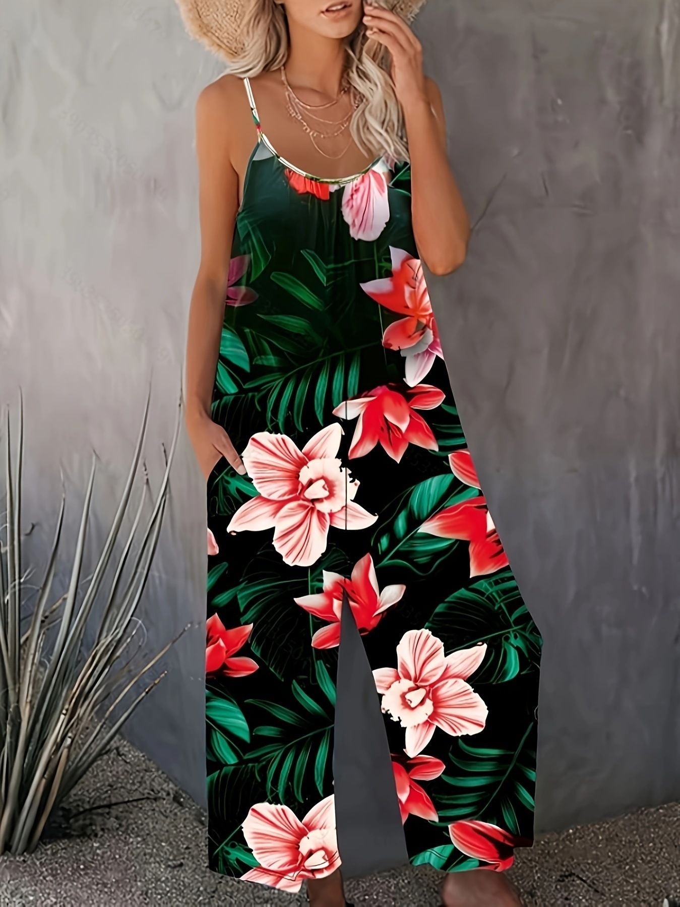 Print Casual Pocket Wide Leg Jumpsuit Summer Jumpsuit Printed Women'S