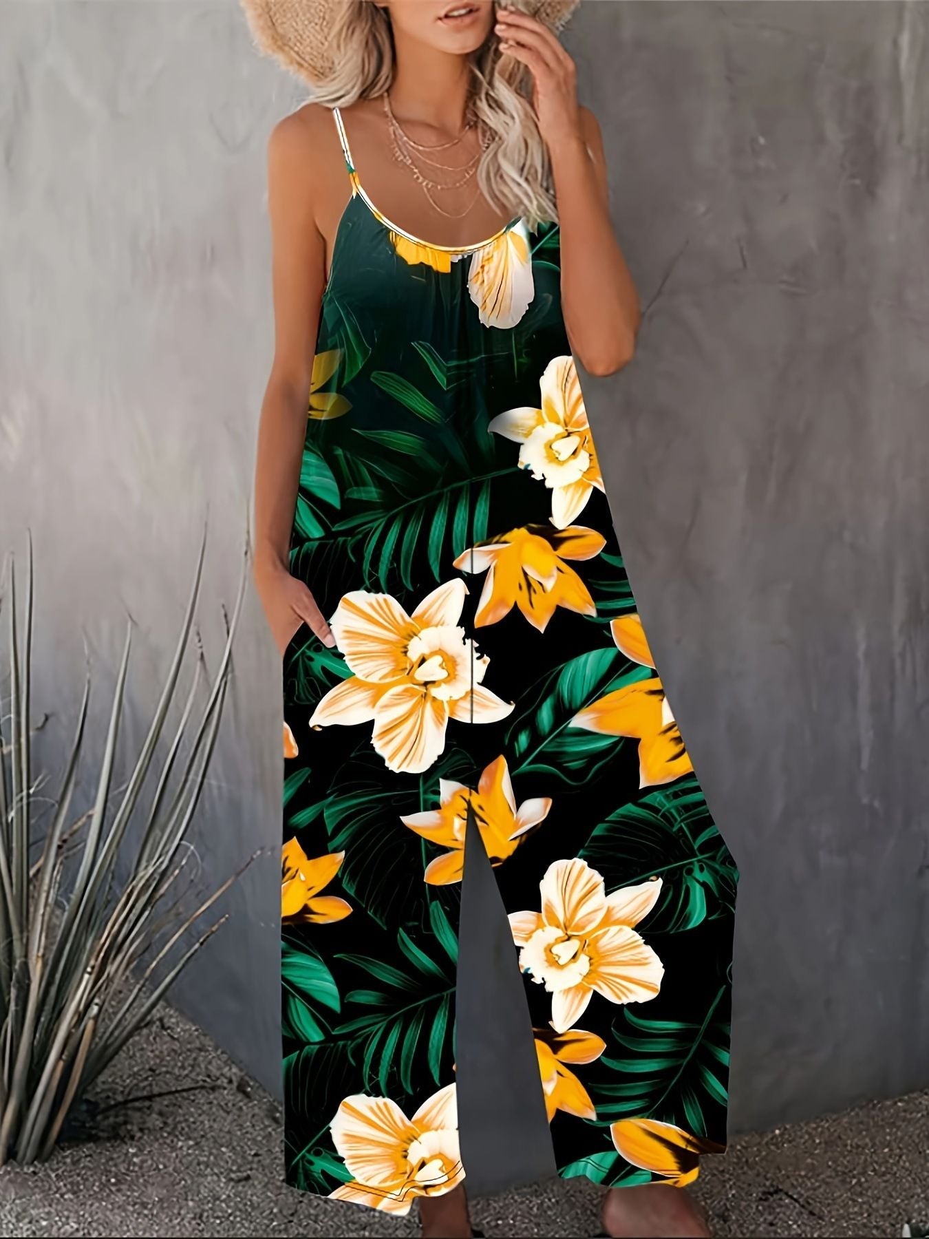 Print Casual Pocket Wide Leg Jumpsuit Summer Jumpsuit Printed Women'S