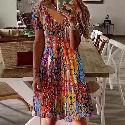 New V-Neck Print Short Sleeve Women'S Dress Printed