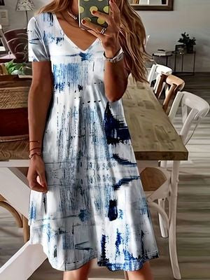 New V-Neck Print Short Sleeve Women'S Dress Printed