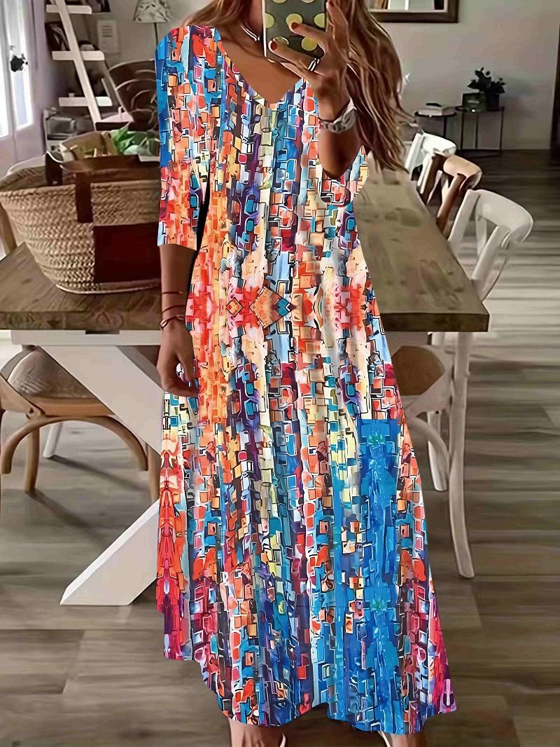 New V-Neck Print Long Sleeve Women'S Dress Printed Dress