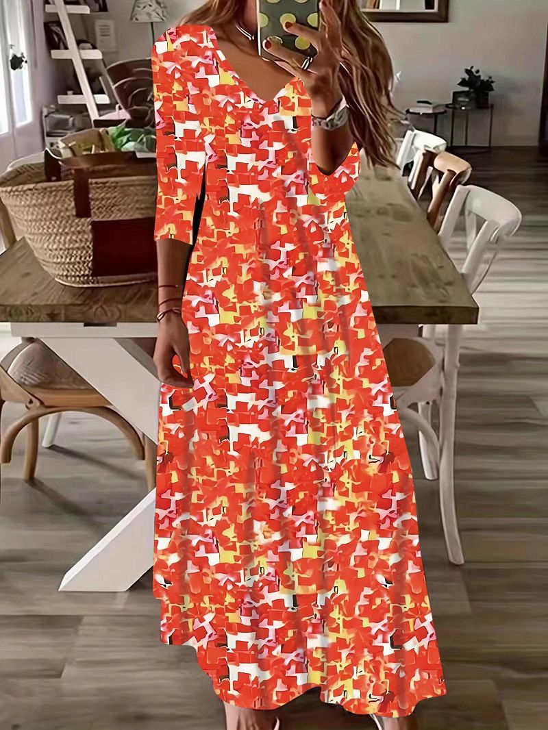 New V-Neck Print Long Sleeve Women'S Dress Printed Dress