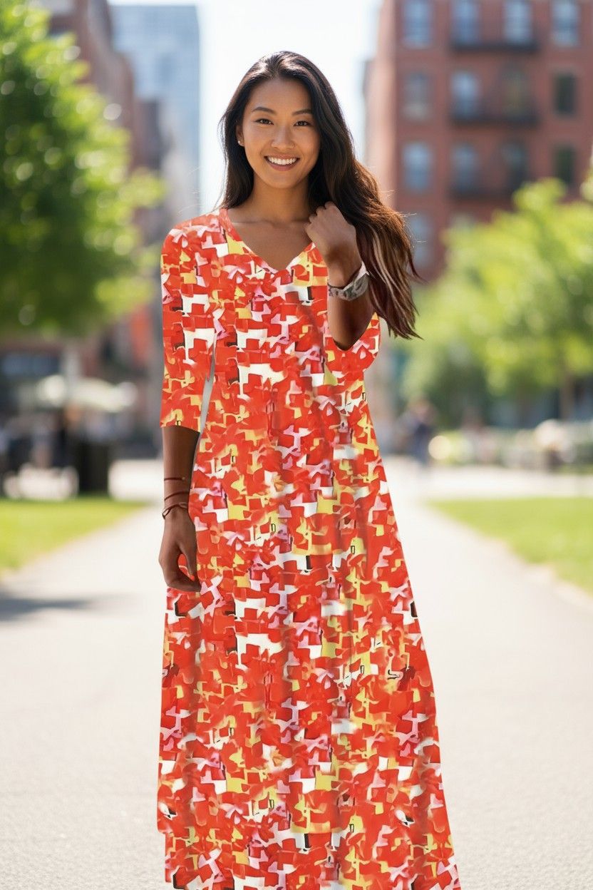 New V-Neck Print Long Sleeve Women'S Dress Printed Dress