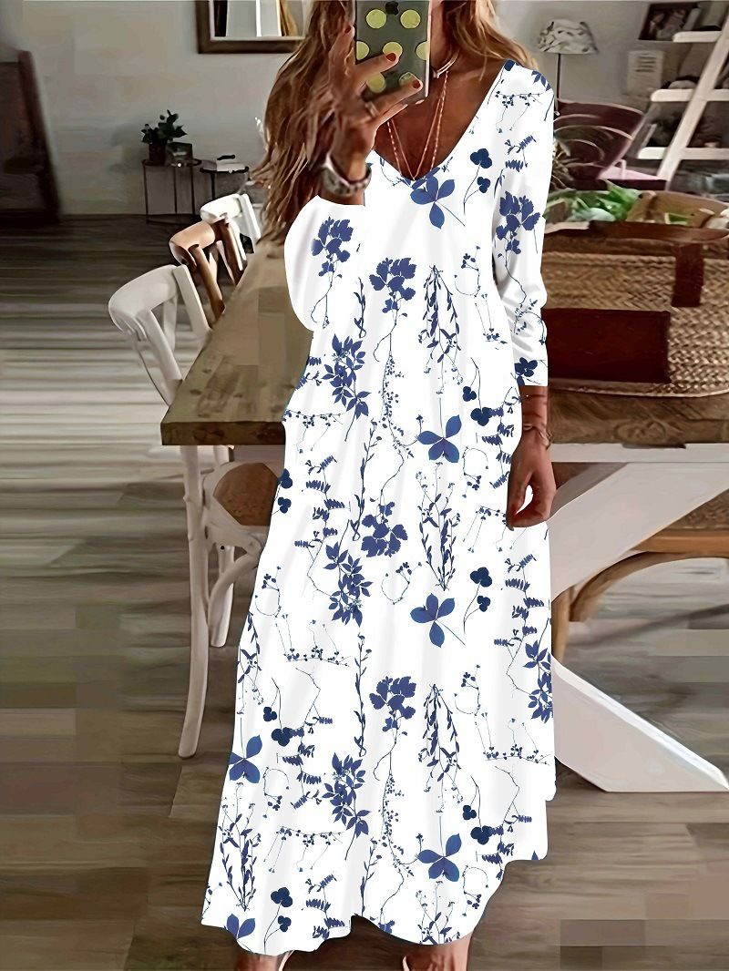 New V-Neck Print Long Sleeve Women'S Dress Printed Dress