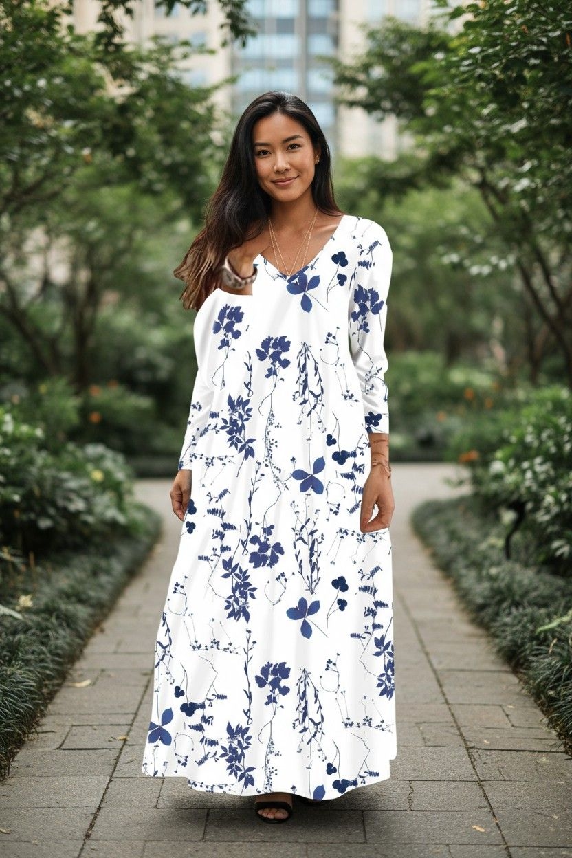 New V-Neck Print Long Sleeve Women'S Dress Printed Dress