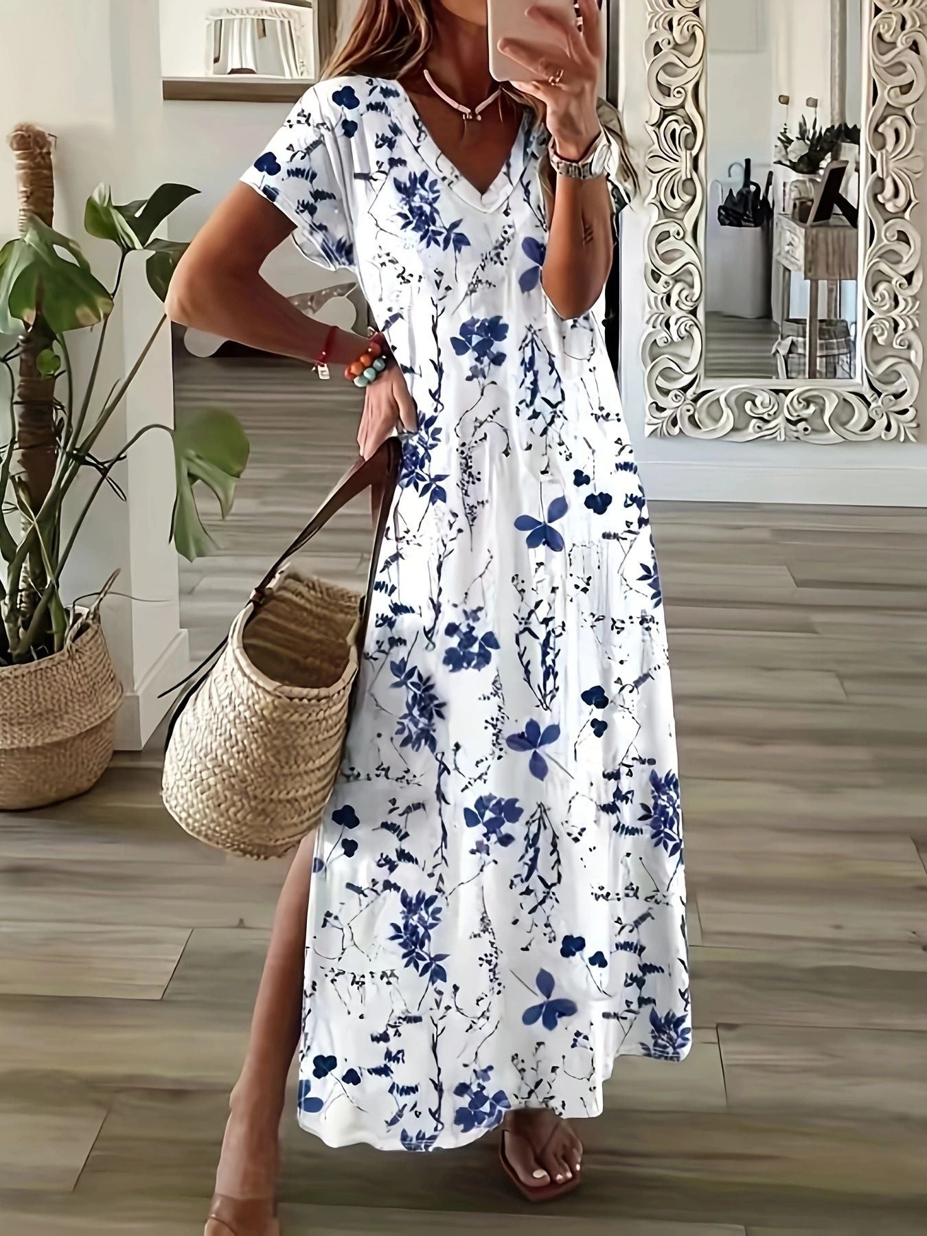 New Fashionable Sexy Elegant Loose Print V-Neck Floral Long Sleeve Dress