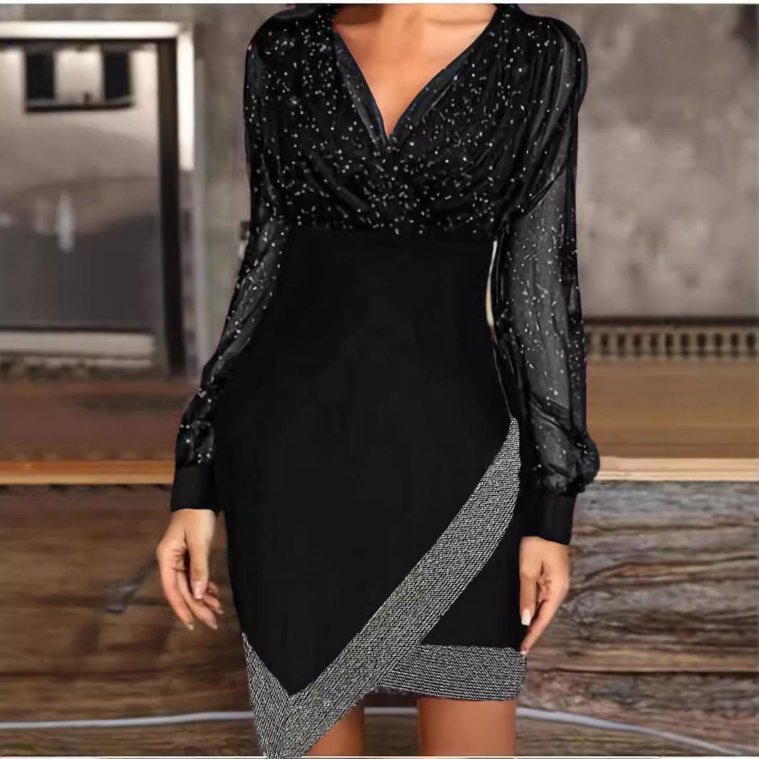 Mesh Sequin Splicing Sexy V-Neck Temperament Elegant Long-Sleeved Dress For Women