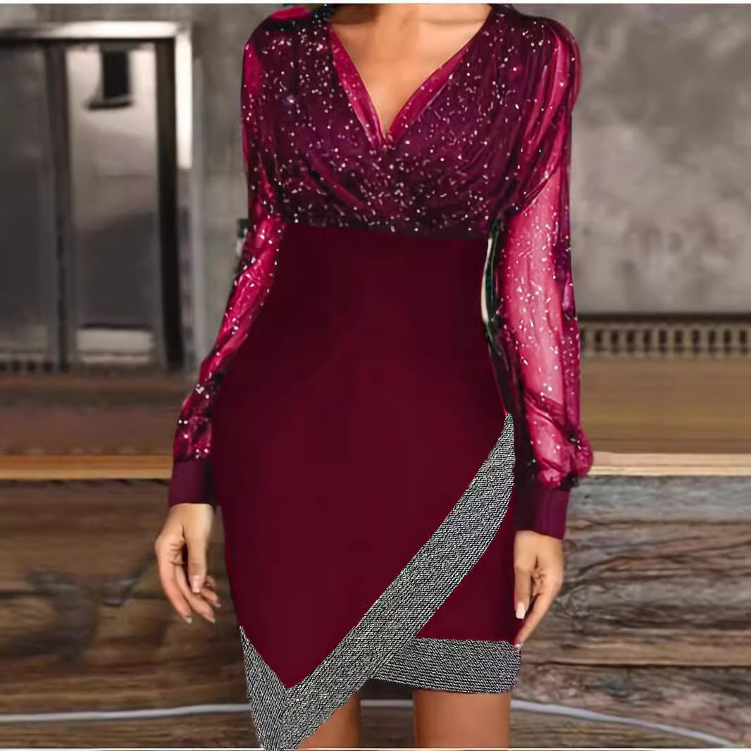 Mesh Sequin Splicing Sexy V-Neck Temperament Elegant Long-Sleeved Dress For Women