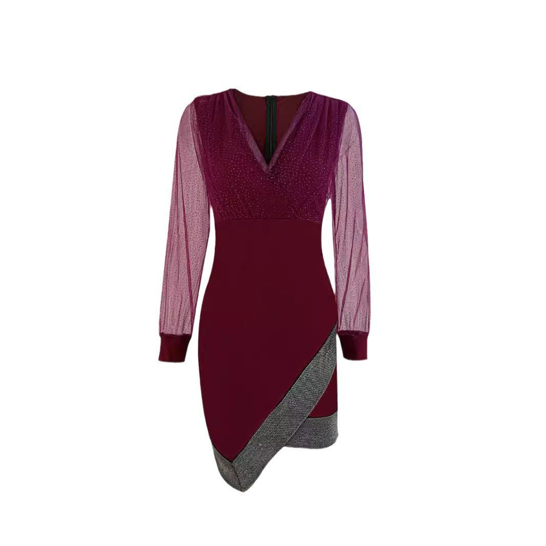 Mesh Sequin Splicing Sexy V-Neck Temperament Elegant Long-Sleeved Dress For Women