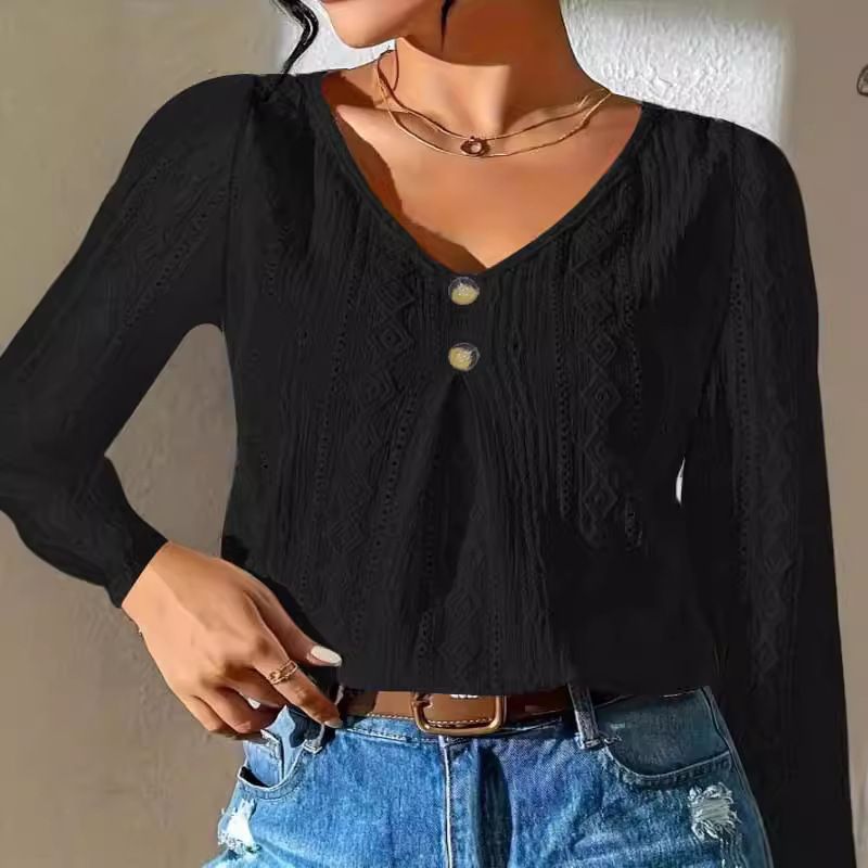 Solid Color Casual Fashion Hollow V-Neck T-Shirt Top Women'S