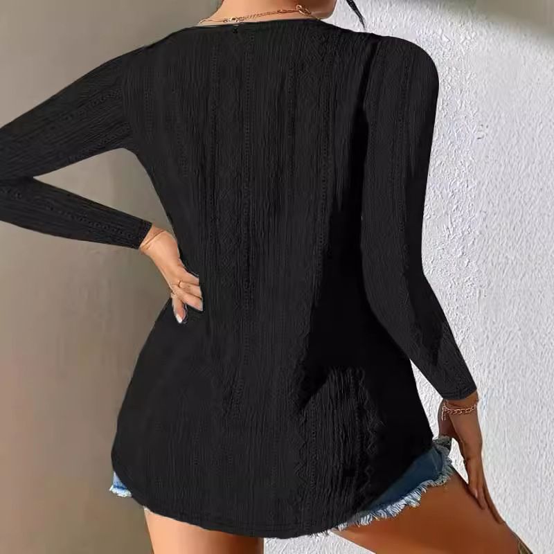 Solid Color Casual Fashion Hollow V-Neck T-Shirt Top Women'S