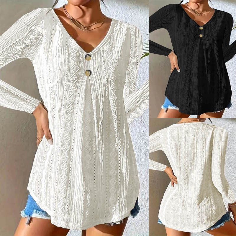 Solid Color Casual Fashion Hollow V-Neck T-Shirt Top Women'S