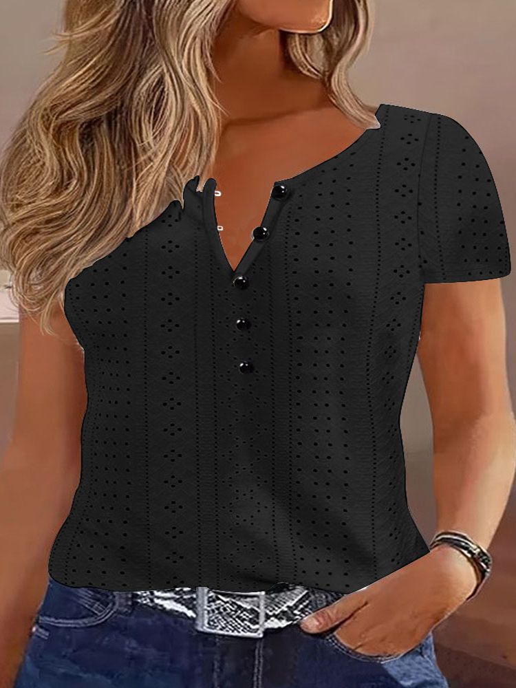 New Fashion Casual Loose Crew Neck Jacquard Hollow Short Sleeve T-Shirt For Women
