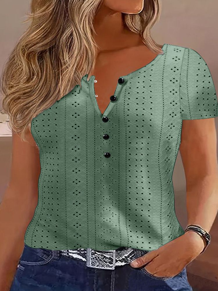 New Fashion Casual Loose Crew Neck Jacquard Hollow Short Sleeve T-Shirt For Women