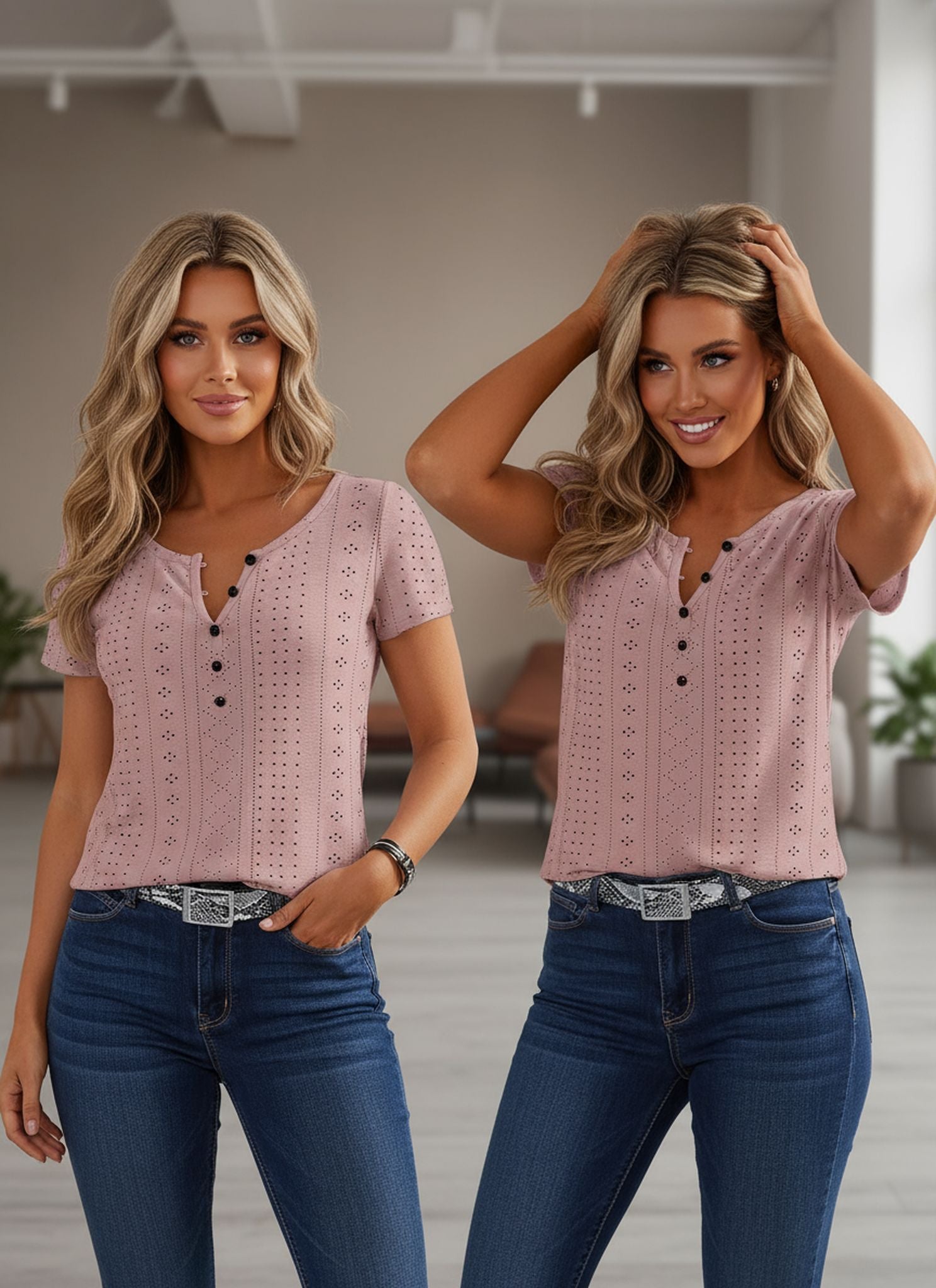 New Fashion Casual Loose Crew Neck Jacquard Hollow Short Sleeve T-Shirt For Women