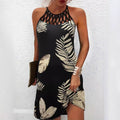 Summer Crew Neck Sexy Hollow Crew Neck Slim Sleeveless Halterneck Printed Dress