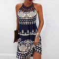 Summer Crew Neck Sexy Hollow Crew Neck Slim Sleeveless Halterneck Printed Dress