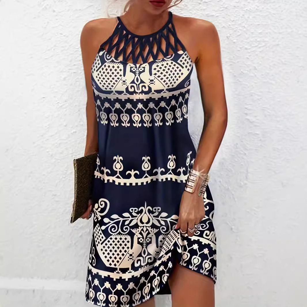 Summer Crew Neck Sexy Hollow Crew Neck Slim Sleeveless Halterneck Printed Dress