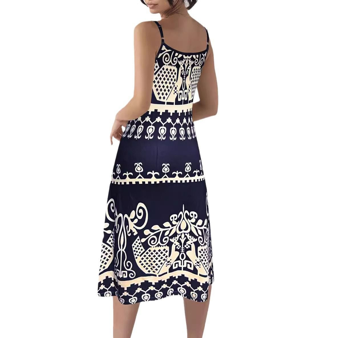 Summer Crew Neck Sexy Hollow Crew Neck Slim Sleeveless Halterneck Printed Dress