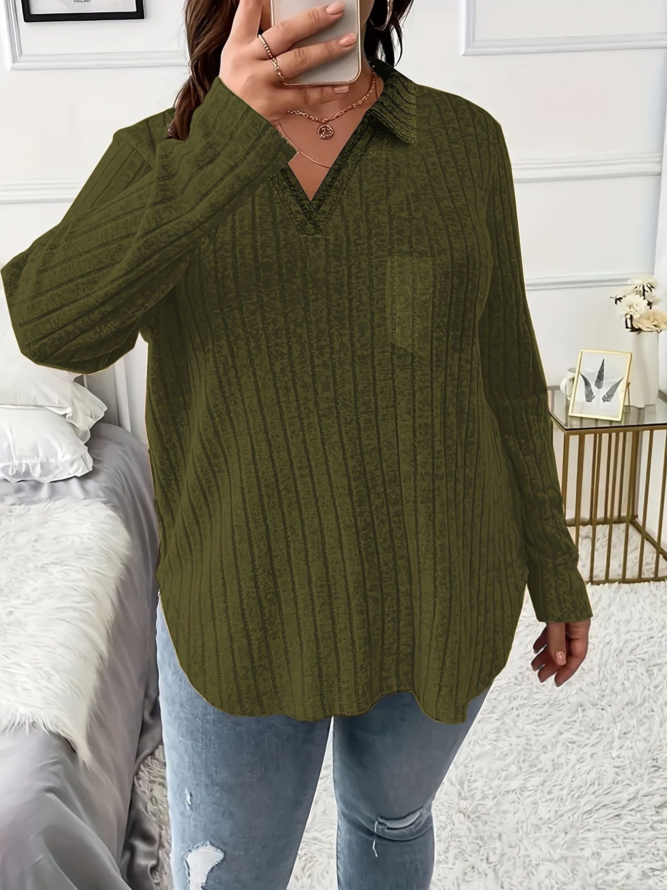 V-Neck Pocket Loose Pit Strip Long-Sleeved T-Shirt Top For Women