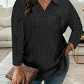 V-Neck Pocket Loose Pit Strip Long-Sleeved T-Shirt Top For Women