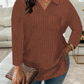 V-Neck Pocket Loose Pit Strip Long-Sleeved T-Shirt Top For Women