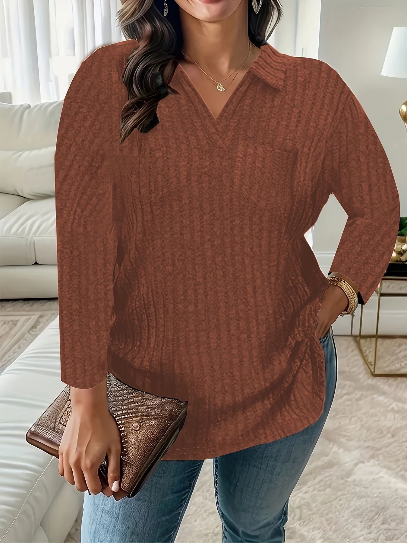V-Neck Pocket Loose Pit Strip Long-Sleeved T-Shirt Top For Women