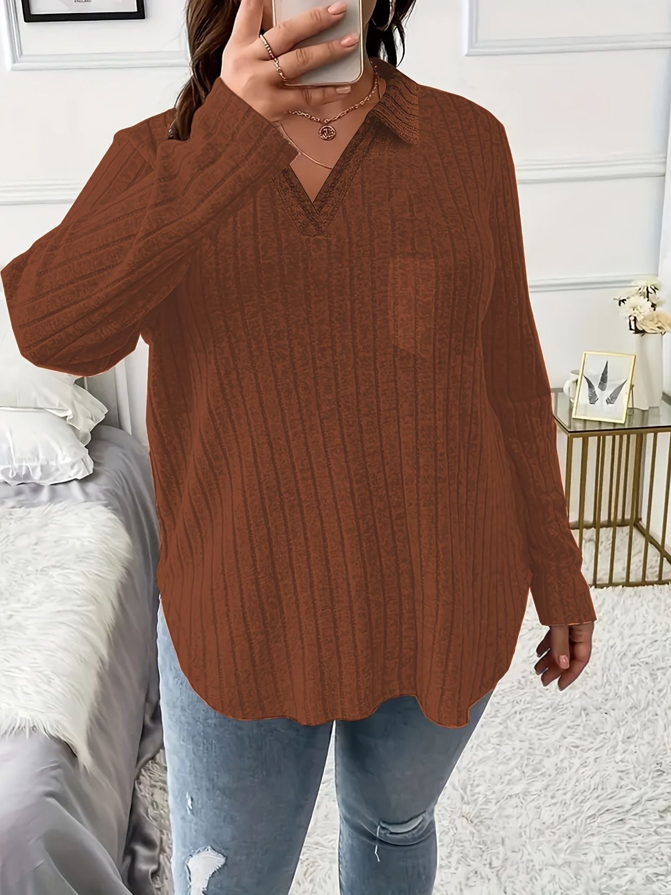 V-Neck Pocket Loose Pit Strip Long-Sleeved T-Shirt Top For Women