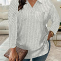 V-Neck Pocket Loose Pit Strip Long-Sleeved T-Shirt Top For Women