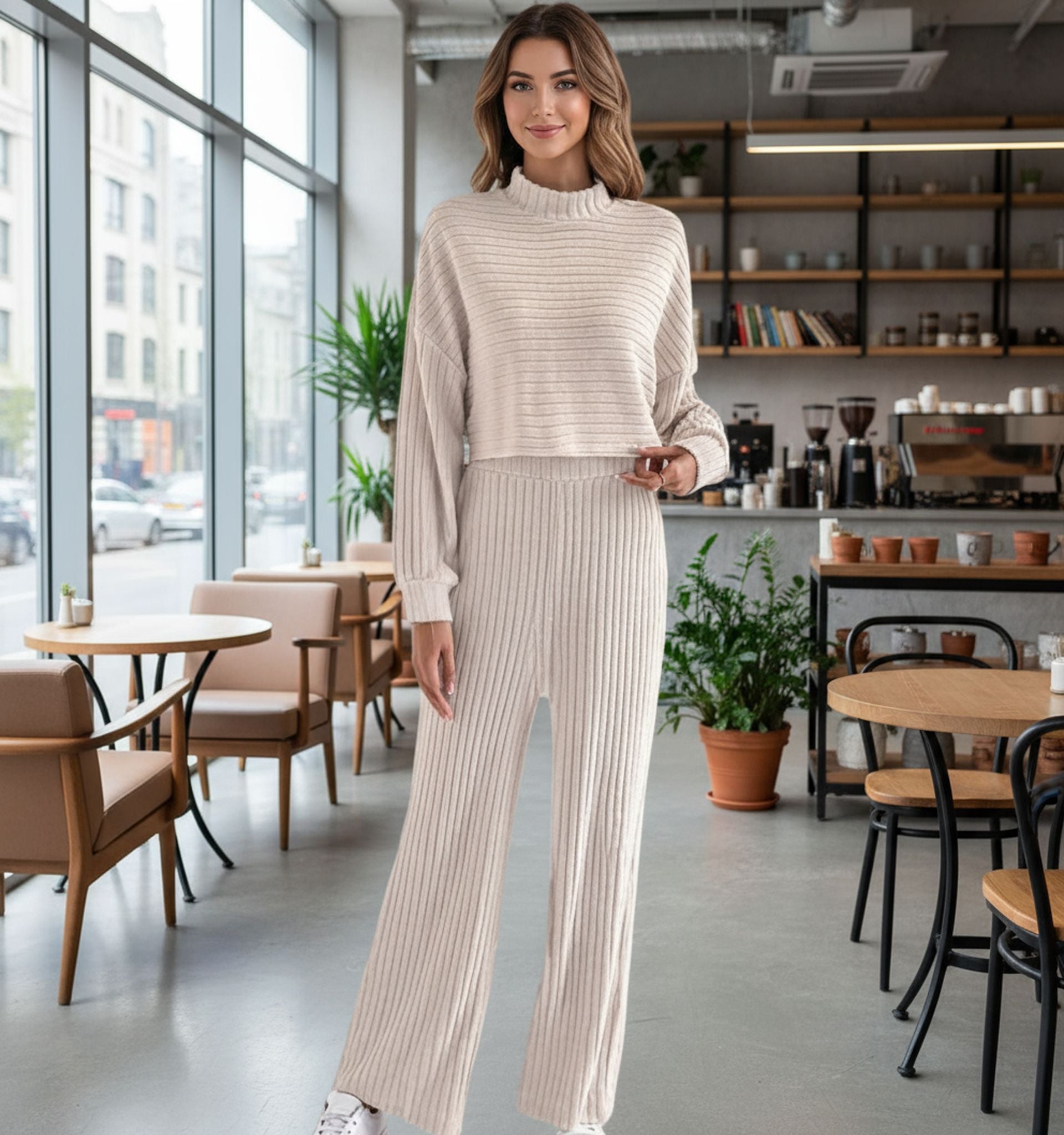 New Spring And Autumn Solid Color Knitted Fine Pit Strip Fashion Casual Suit Short Top